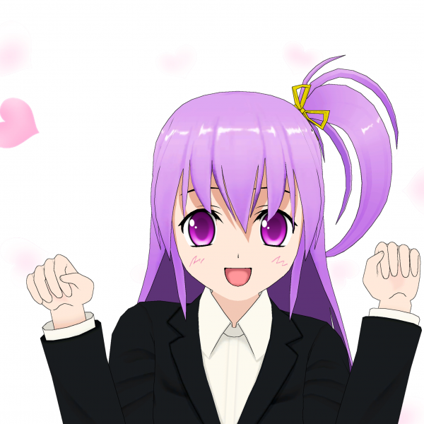 An anime character with purple hair and eyes, her hands raised in excitement